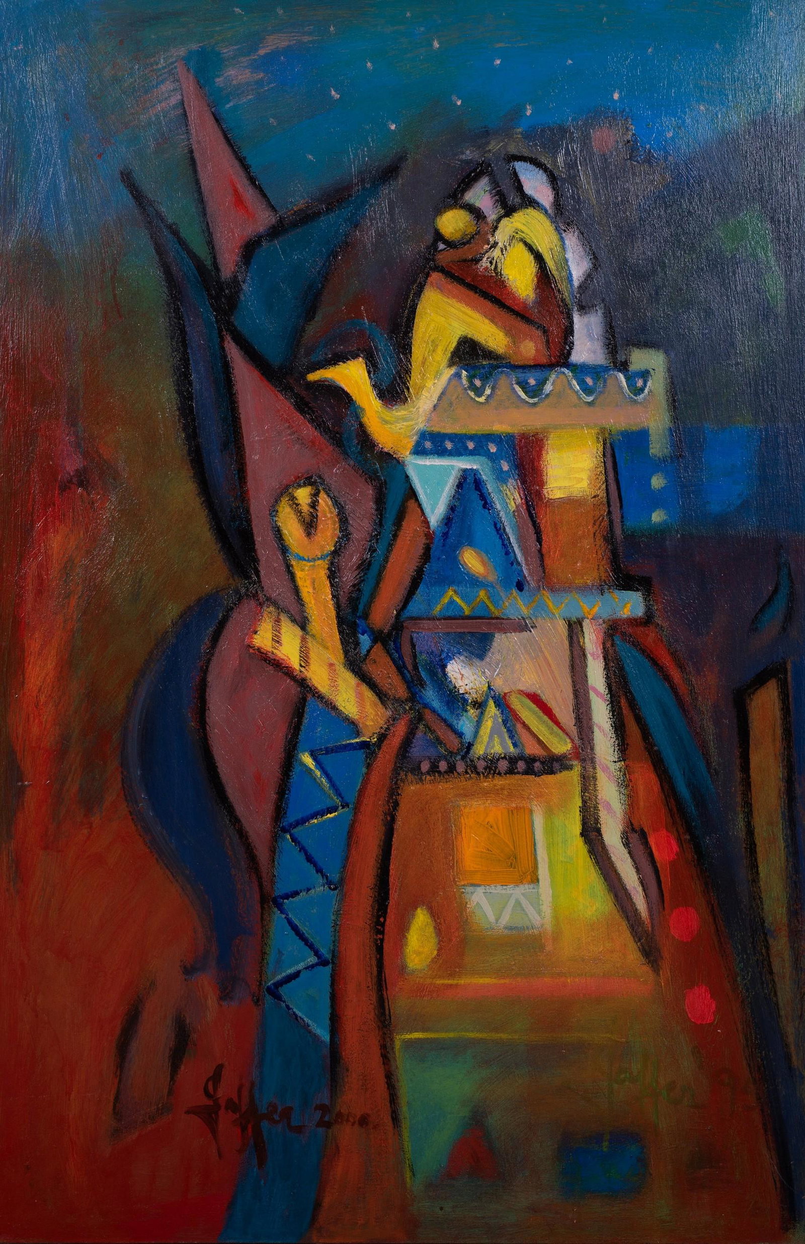 Wahab Jaffer Painting: Wahab Jaffer (Pakistani, b 1941) acrylic on canvas, signed "Jaffer 2000", 36" x 24", framed 36-1/2" x 24-1/2", very good condition