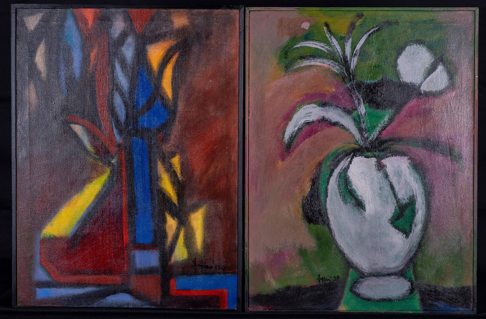 Wahab Jaffer (2) Modern Still Life Paintings: Wahab Jaffer (Pakistani, b 1941), (2) modern still life paintings, acrylic on canvas, signed "Jaffer '98 and '00", 24" x 18", framed 24-3/4" x 18-3/4", very good condition, one with minute paint chip