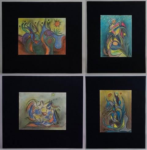Wahab Jaffer (4) Abstract Pastel Paintings: Wahab Jaffer (Pakistani, b 1941), (4) abstract pastel paintings, pastel on paper, signed "Jaffer '99", 9" x 12" sheet, largest backing board 20-1/2" x 17", good condition