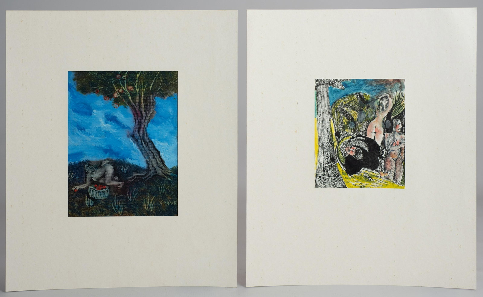 Tasadduq Sohail (2) Paintings of Nudes: Tasadduq Sohail (Pakistani, b 1930), (2) paintings of nudes, mixed media on paper, signed "Sohail", each 8" x 5-1/2" sheet, matted size 14-1/2" x 12", good condition