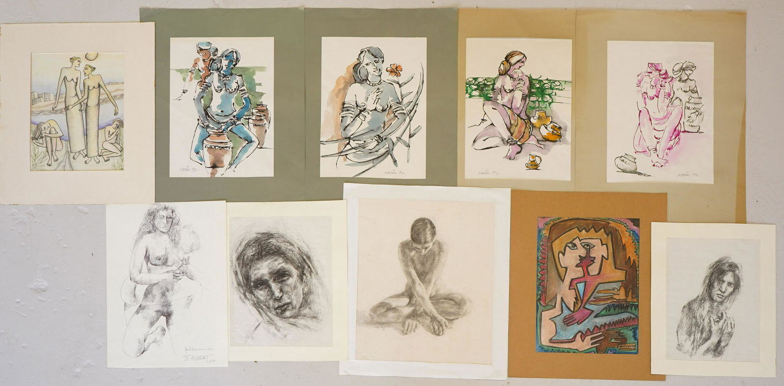 (11) Works on Paper by Oriental Artists: (11) Works on paper by Oriental artists, including Iqbal Durrani, Shah Bano, Shakira Karim, various mediums including ink, pencil and watercolor, largest measures 20-1/2" x 15" sheet, good condition