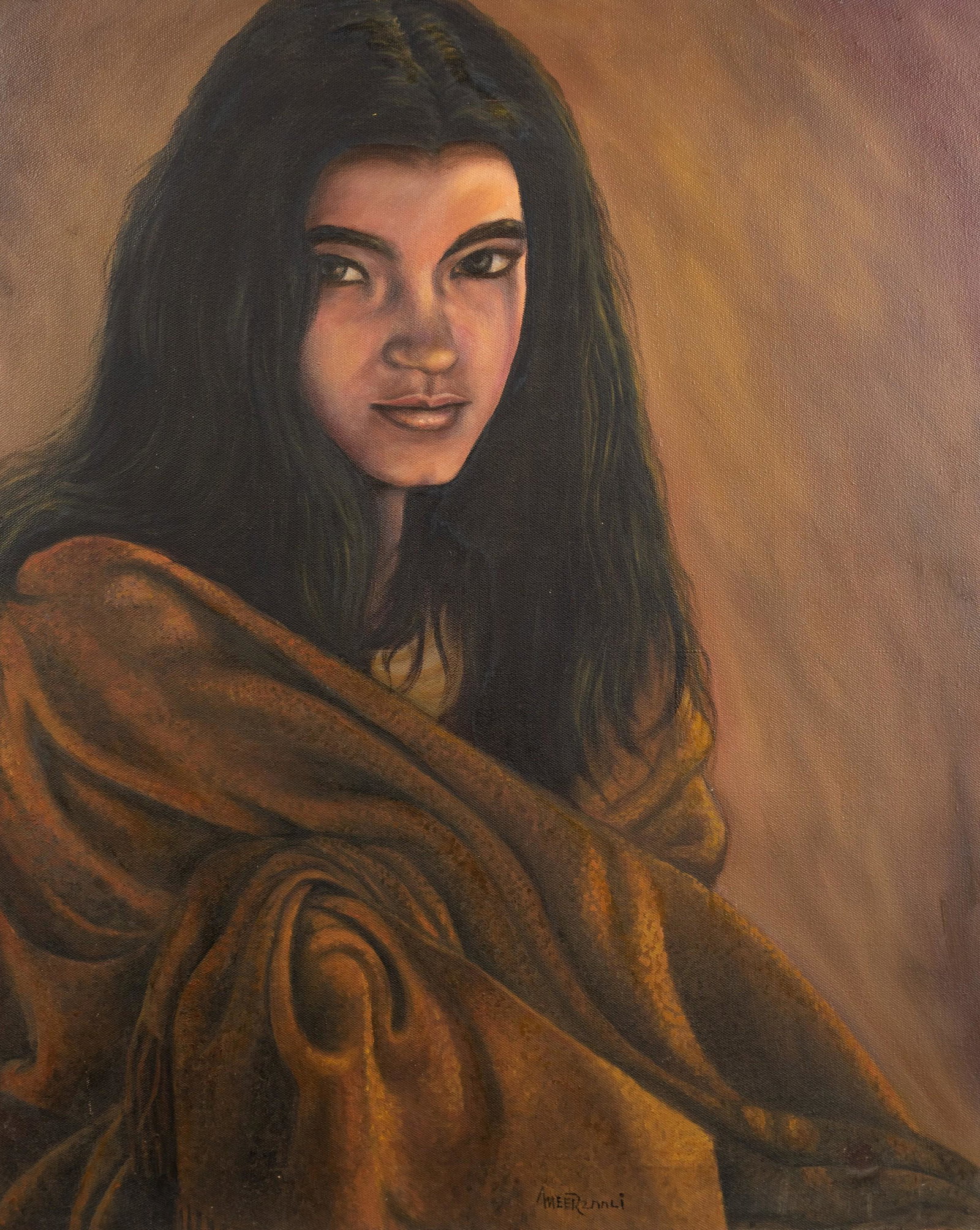Contemporary Pakistani Portrait of a Young Woman: Contemporary Pakistani portrait of a young woman, oil oncanvas, illegibly signed "Ameer(?)", 30" x 24", framed 30-3/4" x 24-3/4", very good condition