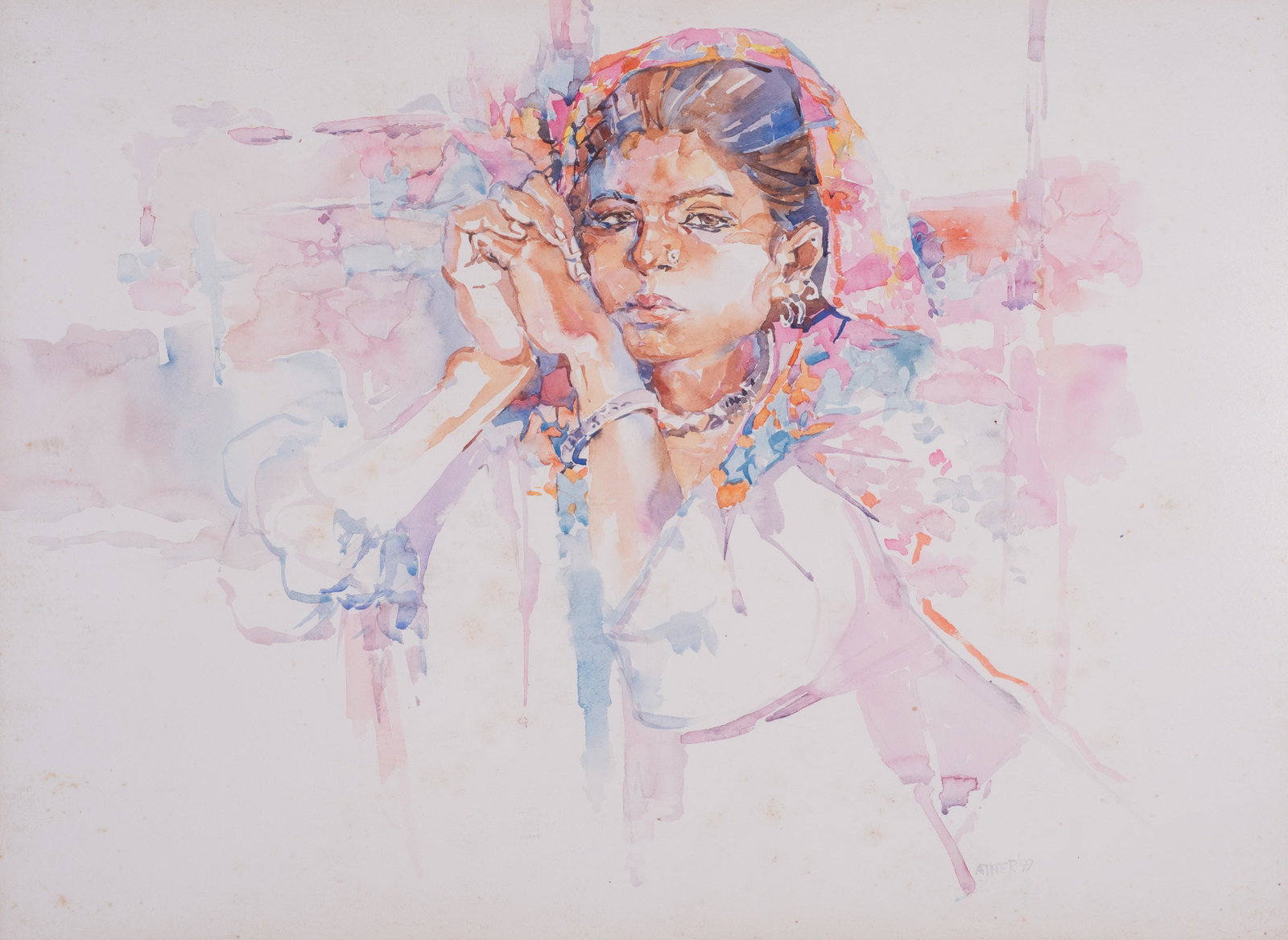 Athar Jamal Watercolor "Girl with Veil": Athar Jamal, 20th-21st C Pakistani, watercolor "Girl with Veil", watercolor on paper, signed "Athar '99", 21-1/2" x 29-1/4" sight, framed 31" x 39, good condition with foxing