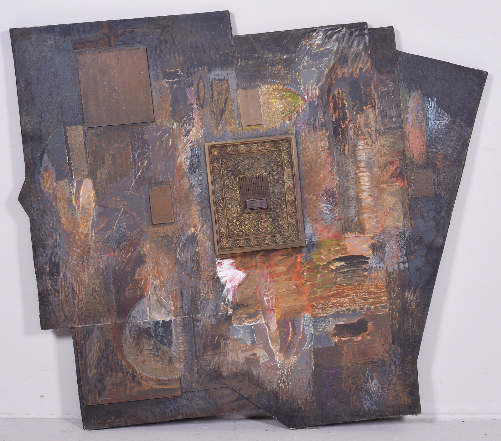 Janet Sullivan Turner Abstract Painting: Janet Sullivan Turner (American, b 1935) PA artist, abstract painting, American Icon Series #22, mixed media, wood, brass and metal on board, signed "Janet Sullivan Turner", 42-1/2" x 47", very good c