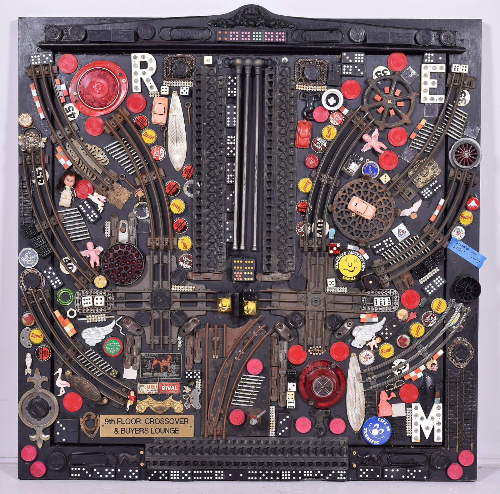Janet Sullivan Turner "Memories IV" Assemblage: Janet Sullivan Turner (American, b 1935) PA artist, "Memories V" wall assemblage, black paint with found objects, signed "J Sullivan Turner", 36" x 36", very good condition; provenance: from the estat
