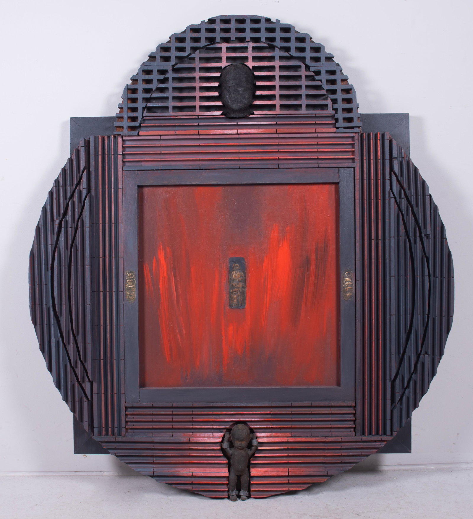 Janet Sullivan Turner Wall Sculpture "Birth/Life": Janet Sullivan Turner (American, b 1935) PA artist, wall sculpture "Birth/Life", American Icon Series #54, painted wood with found objects, signed "Janet Sullivan Turner", 50-1/2" x 44-1/4" x 3-1/2", 