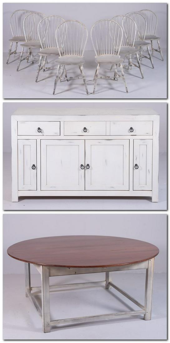 (10) pc Distressed painted Country French DRS: (10) pc Distressed painted Country French DRS, c/o 6 Lawrence Crouse bowback Windsor style chairs, round cream painted base dining table with walnut top, buffet, table 30" h x 71" diameter