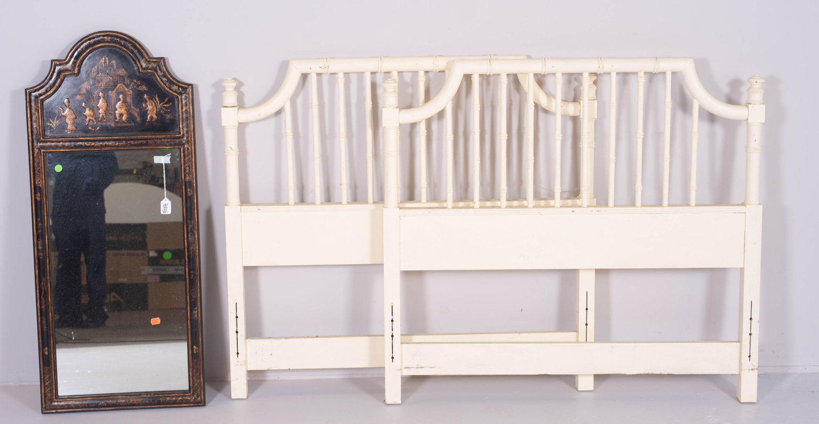 Cream painted faux bamboo twin size bed: Cream painted faux bamboo twin size bed, 39" h x 41-3/4" w, along with Chinoiserie paint decorated hanging mirror