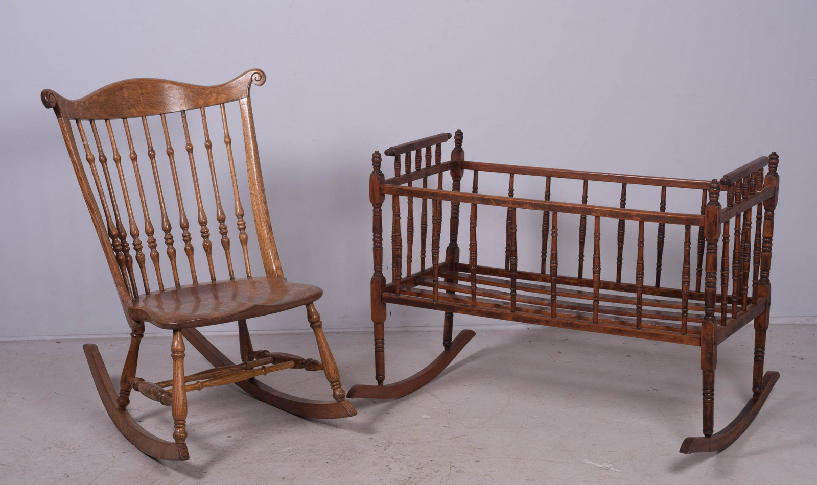 Oak spindle back rocker, Victorian style rocking cradle: Oak spindle back rocker, along with Victorian style rocking cradle, largest 27-1/4" h x 37" w