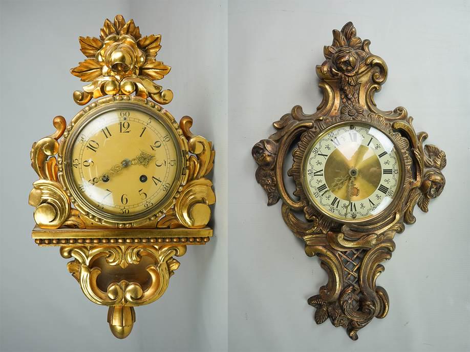 Gilt Composition & Wood German Wall clock, 16" h: Gilt Composition & Wood German Wall clock, convex glass, time and bell strike, 16" h, 6" dial; with another gilt metal quartz wall clock, 17" h