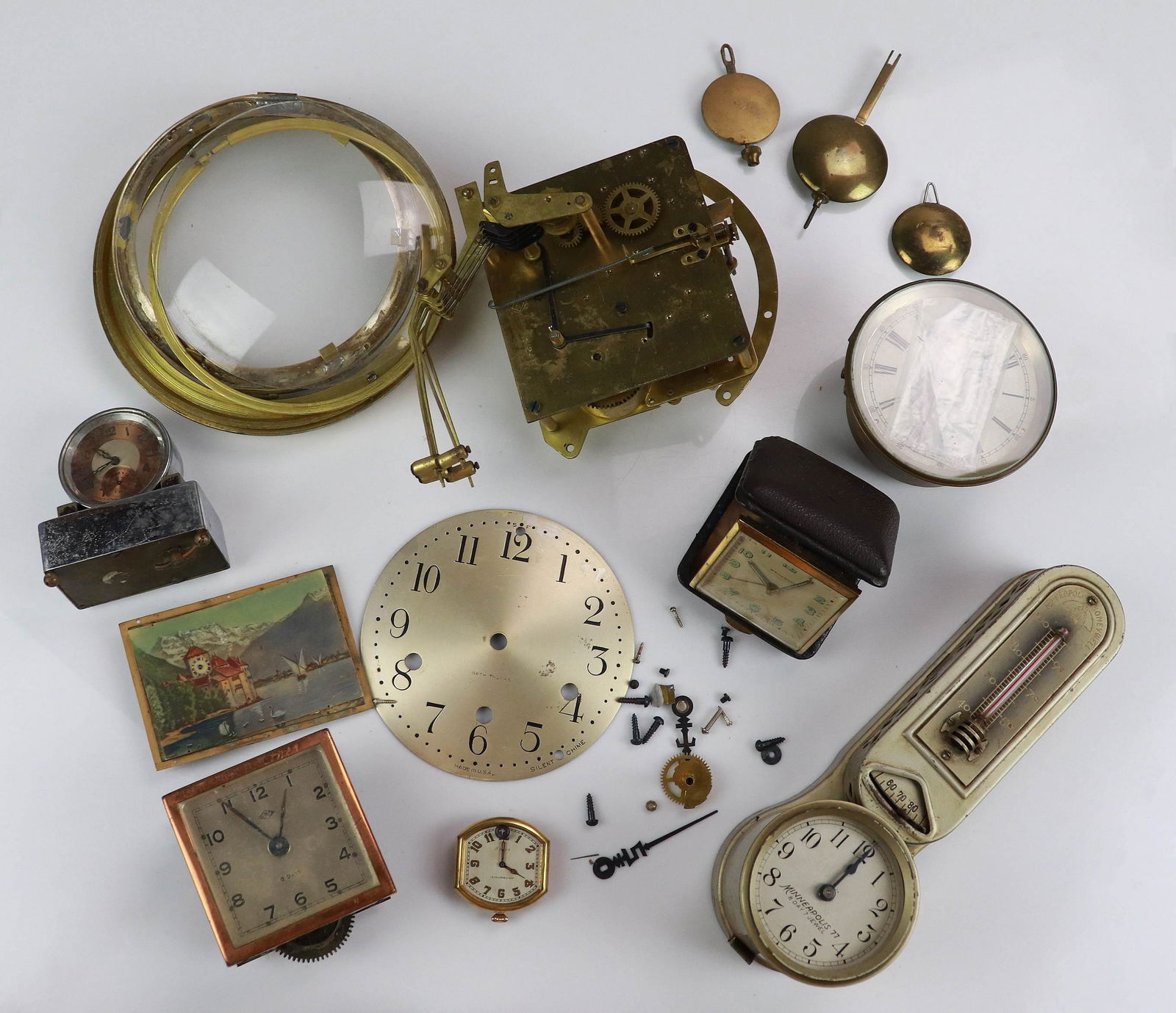 (8) Clocks & Clock Parts: (8) Clocks & clock parts for repair or restoration, including Minneapolis Honeywell thermostat clock, JE Caldwell 8-day pocket watch, Broadway travel clock, Semca, Seth Thomas