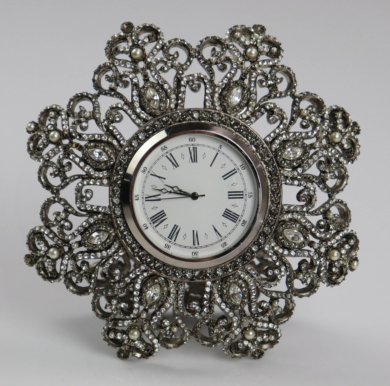 Jay Strongwater Rhinestone Desk Clock: Jay Strongwater rhinestone desk clock, faux pearl and rhinestone, missing pearls and stones, 5" diam
