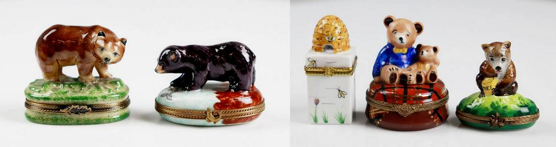 (5) Porcelain Bear Trinket Boxes: (5) Porcelain bear trinket boxes c/o brown bear with fish, marked Chamart Exclusif Limoges France Peint a la Main at underside and 'Ursus Americanus' as inside, honeycomb box marked, 'Hand Painted Roc