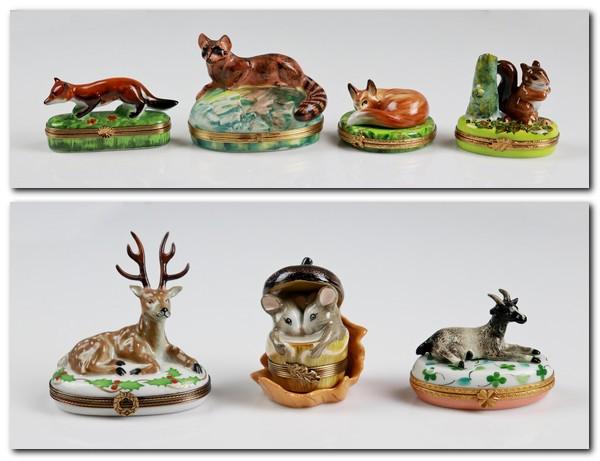 (7) Woodland Creature Trinket Boxes: (7) Woodland creature trinket boxes c/o standing fox on floral and grass decorated base, painted mushroom interior and marked, 'Porelaine Pierre Arquie Hand Painted Limoges France' at underside, layin