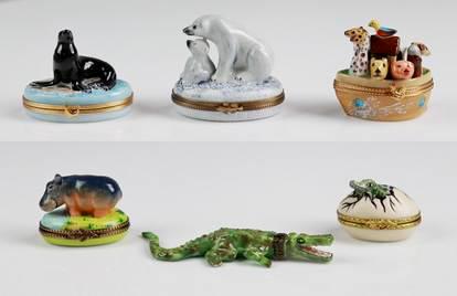 (6) Assorted Animal Form Porcelain Trinket Boxes: (6) Assorted animal form porcelain trinket boxes c/o polar bear pair topped box marked Limoges at underside, alligator form box marked Limoges and numbered at underside, seal topped trinket with paint