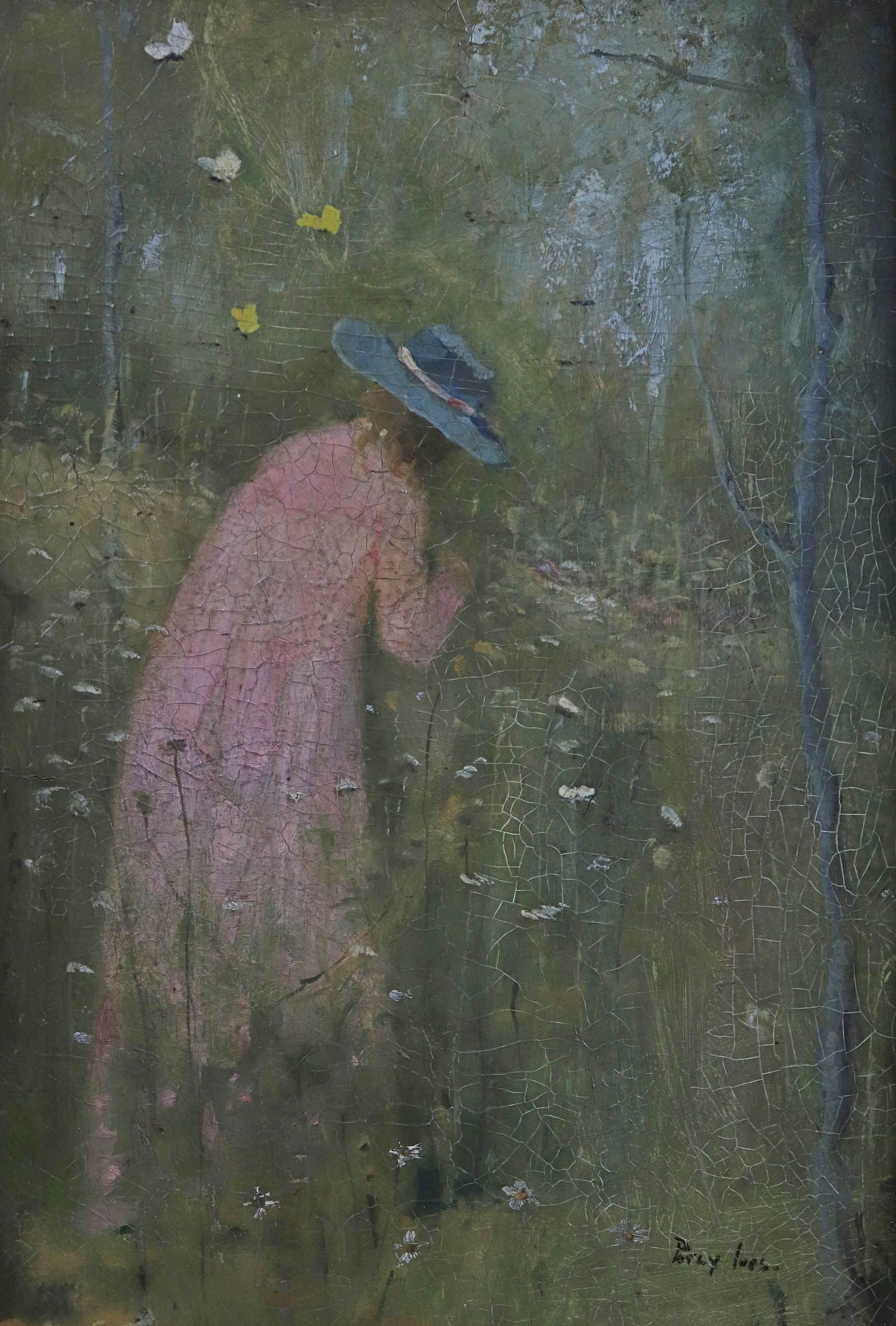 Percy Ives Painting " woman Picking Flowers": Percy Ives (American, 1864-1928) painting " woman Picking Flowers", oil on board, signed "Percy Ives", 9-1/2" x 6-3/4", framed 14-1/2" x 11-3/4", fair condition with craquelure