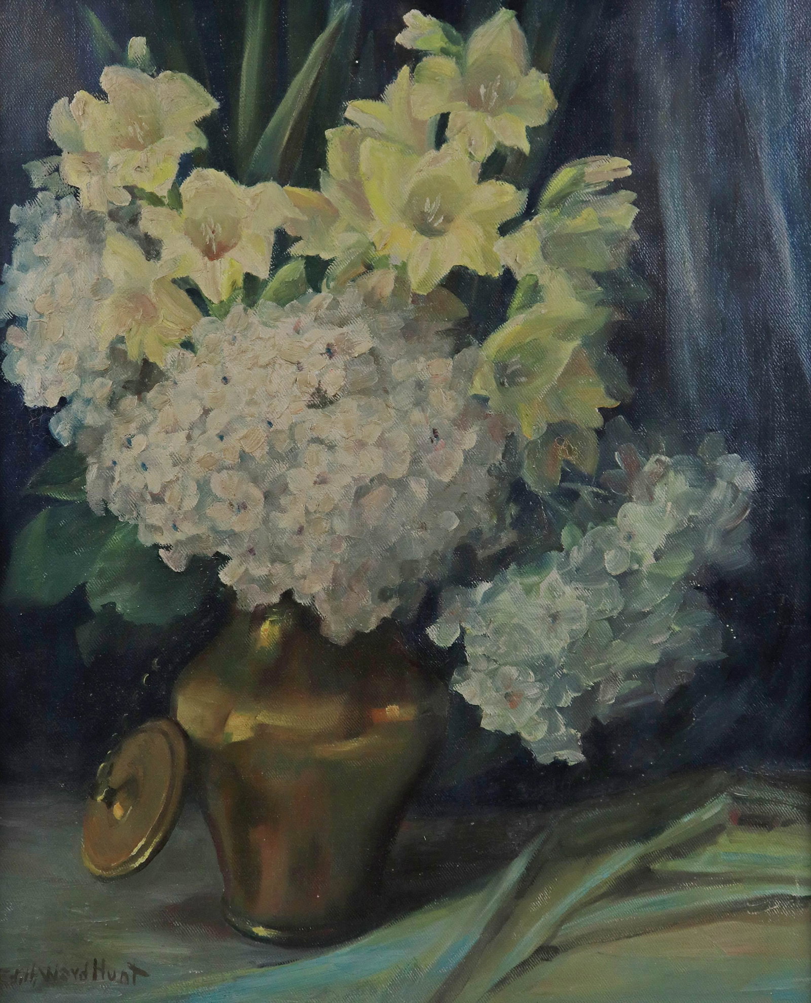 Edith Ward Hunt Still Life Painting: Edith Ward Hunt (American, 1868-1957) still life painting, oil on canvas, signed "Edith Ward Hunt", 24" x 20", framed 25-1/4" x 21-1/4", good condition