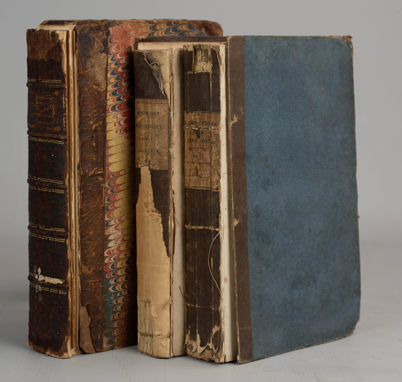 Phrenology, Physiognomy 1836: (3) titles, J. G. Spurzheim "Phrenology, in connection with the Study of Physiognomy" (Marsh Capen & Lyon 1836) loss of front cover and damage to spine but all but first page are tight, 35 plates incl