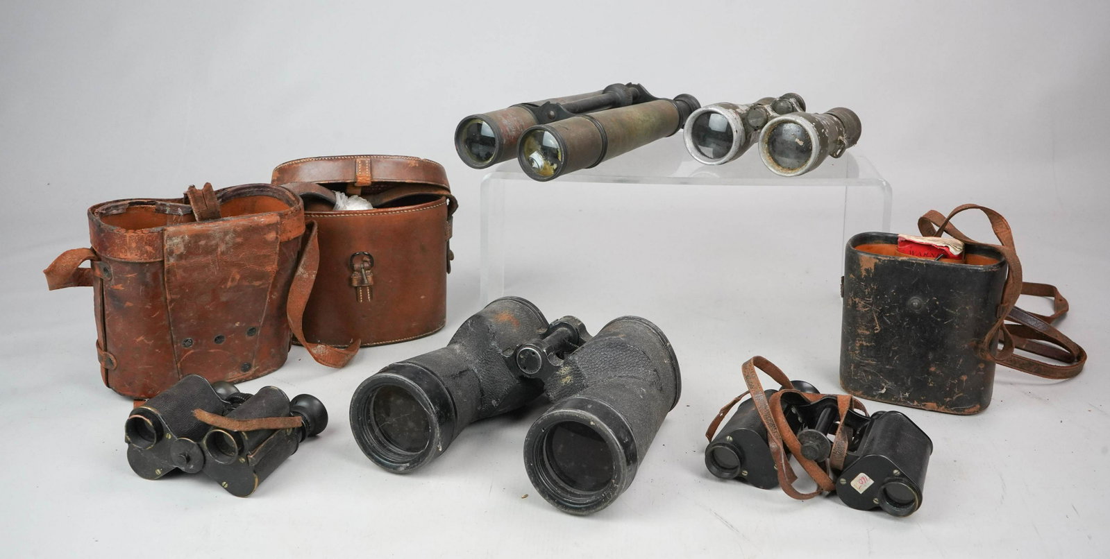 (5) Pair Binoculars: (5) Pair of binoculars, c/o Carl Zeiss Jena DRP Feldstecher Vergr=8, Spindler & Hoyer Gottingen Feldglas 08, Warner & Swasey Prism Binocular Power 8 1902, Bausch & Lomb US Navy Bu Ships Mark 28 20412 