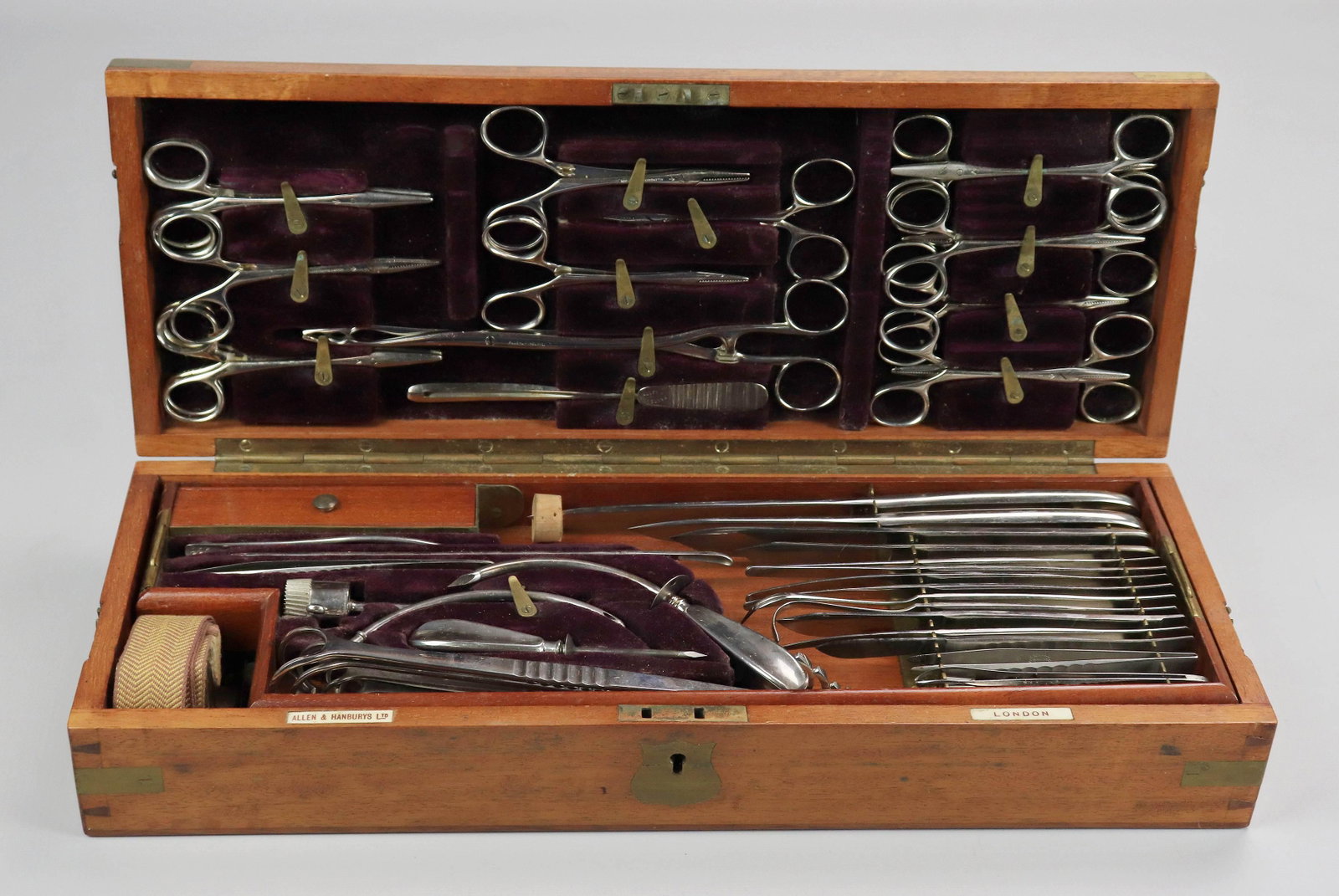 Allen and Hanburys Ltd. Operation Instruments: Allen and Hanburys Ltd. operation instruments in fitted case, an English surgeons kit circa 1900 including (40)+ surgery implements.