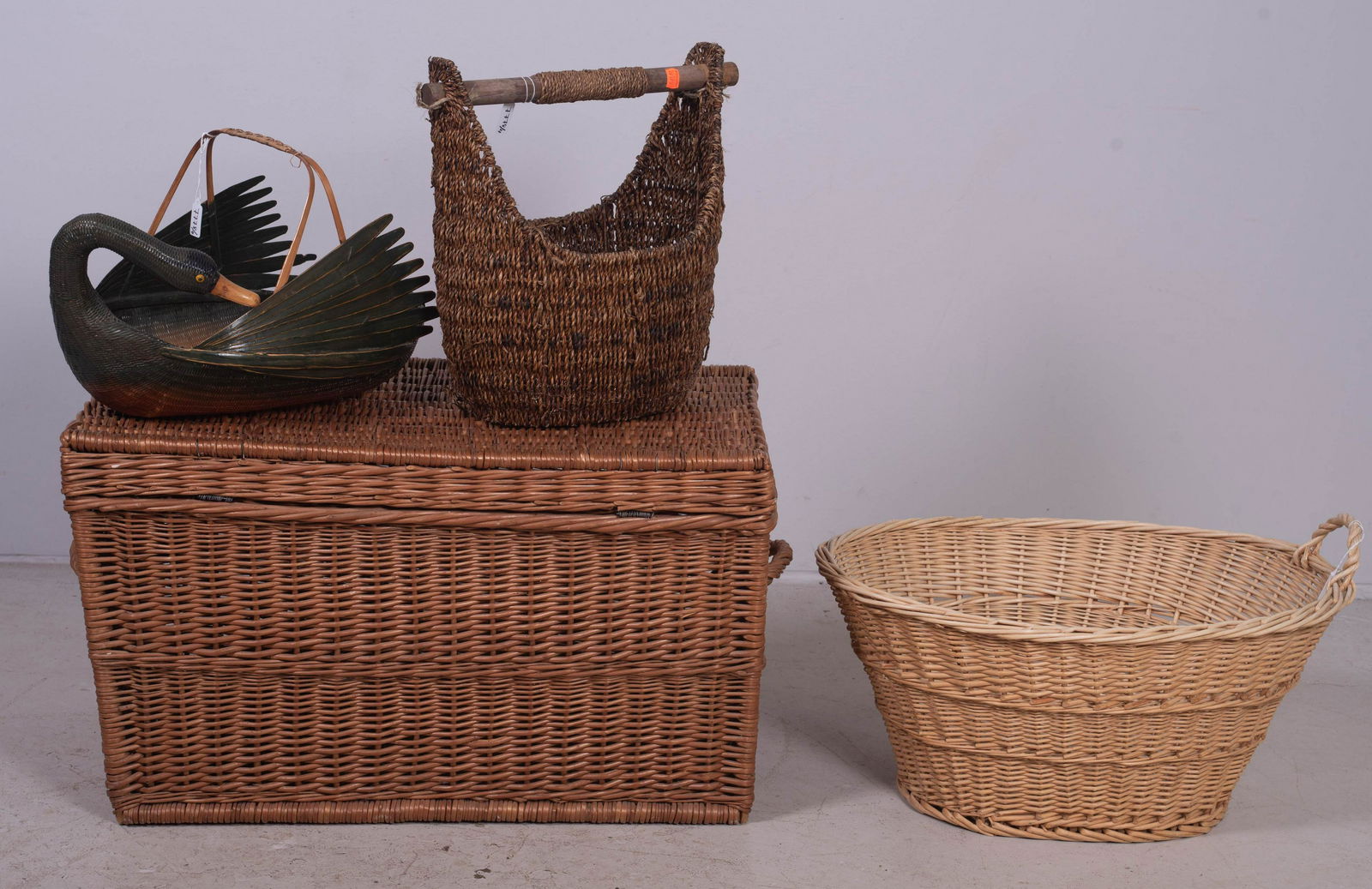 (4) Decorative baskets: (4) Decorative baskets, largest 17-1/2" h x 30" w