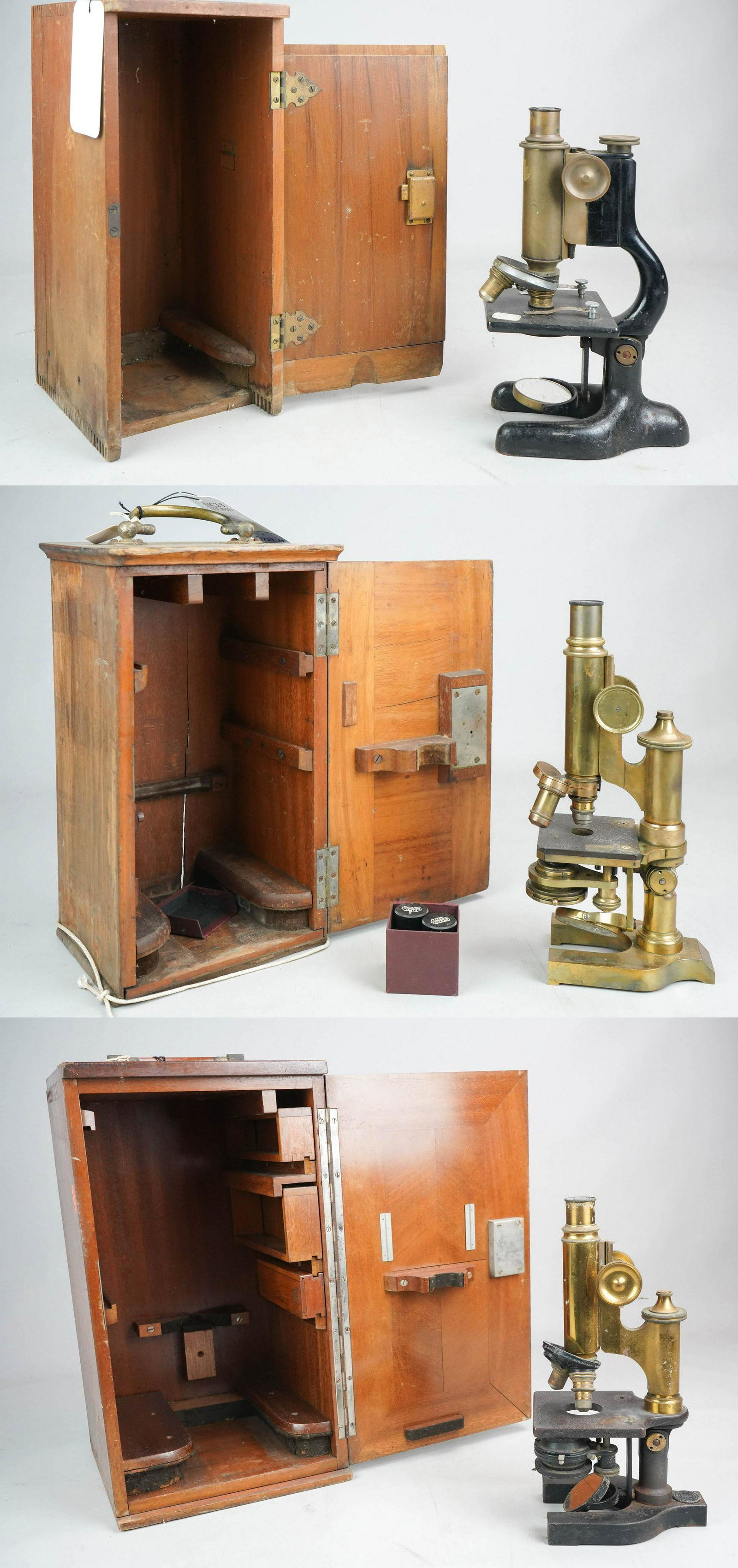 (3) Unmarked Microscopes: (3) Unmarked microscopes, c/o two all brass, one cast iron & brass, tallest 11-1/2", with wood carrying cases