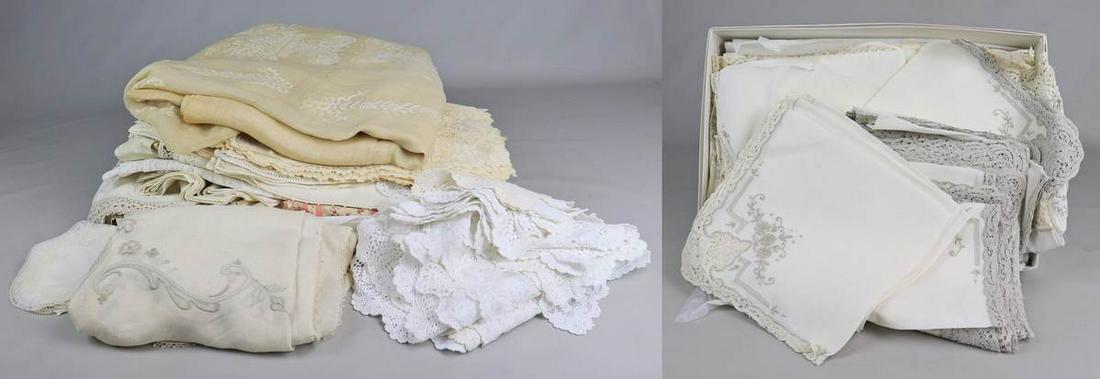 (40)+ Lace Place Settings: (40)+ Lace place settings, includes linen tablecloths with lace inserts, silk tablecloths, groups of fine lace placemats, doilies and embroidered napkins.