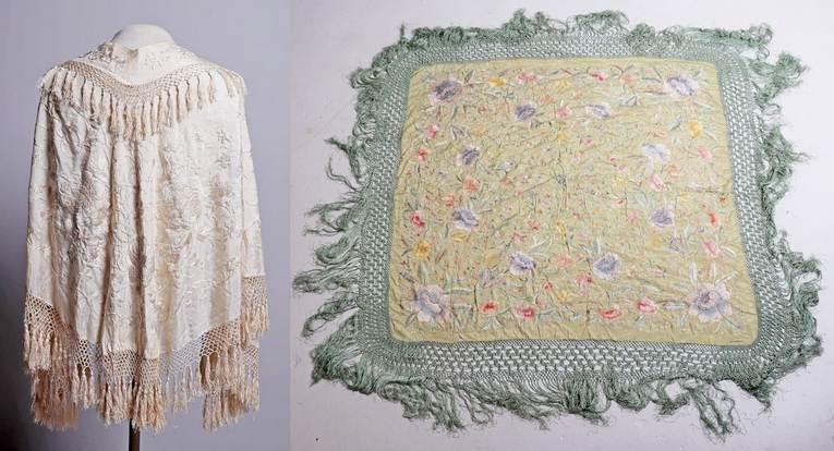 (2) Embroidered Silk Piano Shawls: (2) Embroidered silk piano shawls c/o (1) 19th c. pistachio silk shawl in pastel rainbow allover floral embroidery, silk with breakage and delicate, trimmed in hand knotted green silk with fringe fini