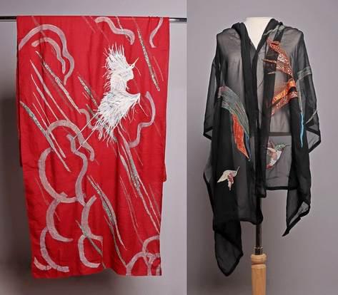 (2) Flying Fig Bird Adorned Scarves: (2) Flying Fig bird adorned scarves c/o (1) black silk scarf in hummingbird and abstract flower and foliage embroidery executed in silk applique, beadwork, knot work and sequins, tag has been removed,