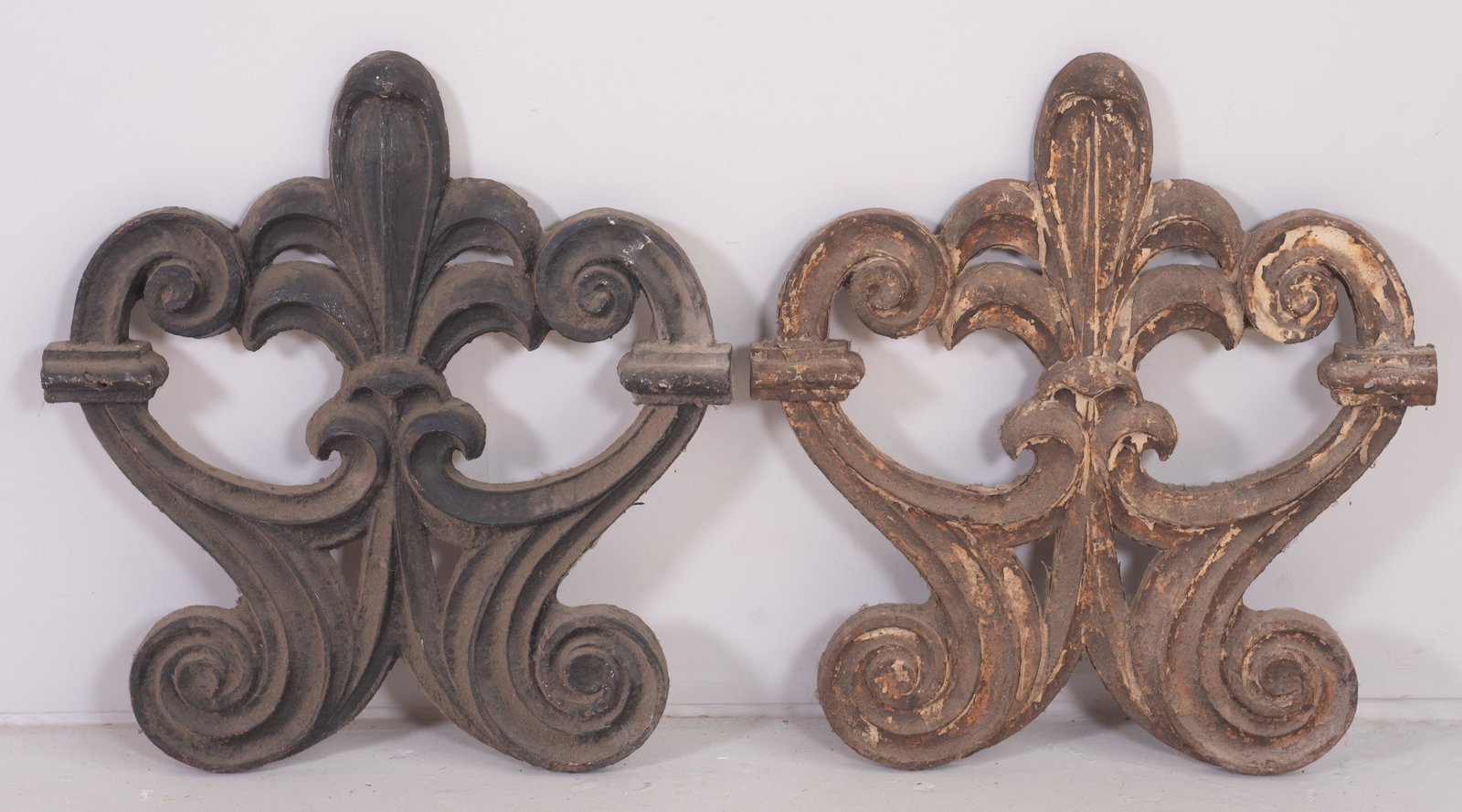 Pair Fleur De Lis iron architectural ornaments: Pair Fleur De Lis iron architectural ornaments, 27"h x 59"w