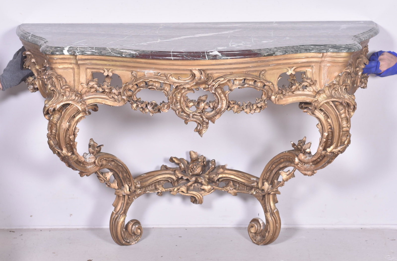 Louis XIV style console table, 19th c: Louis XIV style carved giltwood marbletop console table, 19th c, 36-1/2"h x 53"w