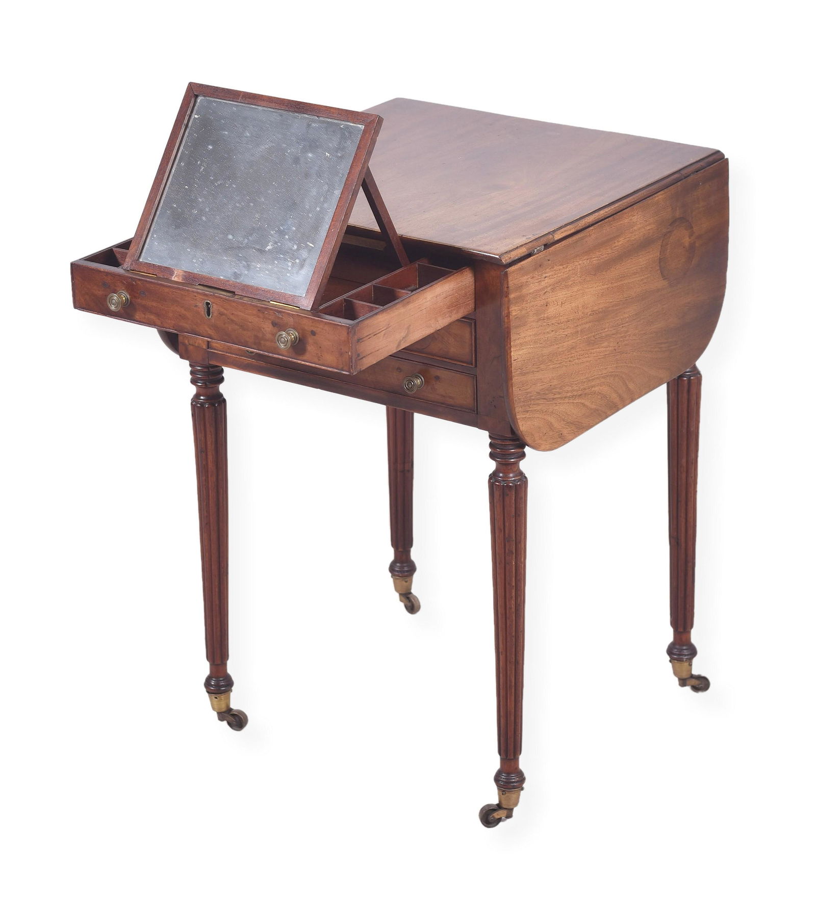 Sheraton 3 Drawer Vanity Table: Mahogany Sheraton 3 Drawer Vanity Table, top drawer with fitted lifting mirrored interior, rounded drop leaves, on turned and reeded legs, c 1810-20, English, 18 1/4" w, 18 5/8" d, 9 1/2" leaves, 27 1