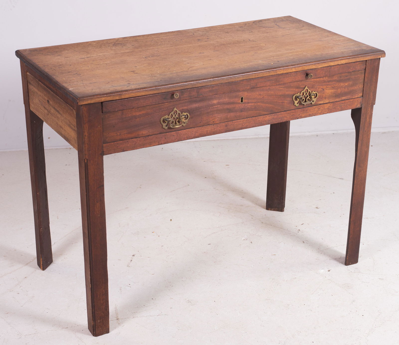 Mahogany Georgian Drawing Table: Mahogany Georgian Drawing Table, one side with a pull out working surface that is hinged, each end with a storage drawer, late 18th c, 42" w, 22" d, 31" h