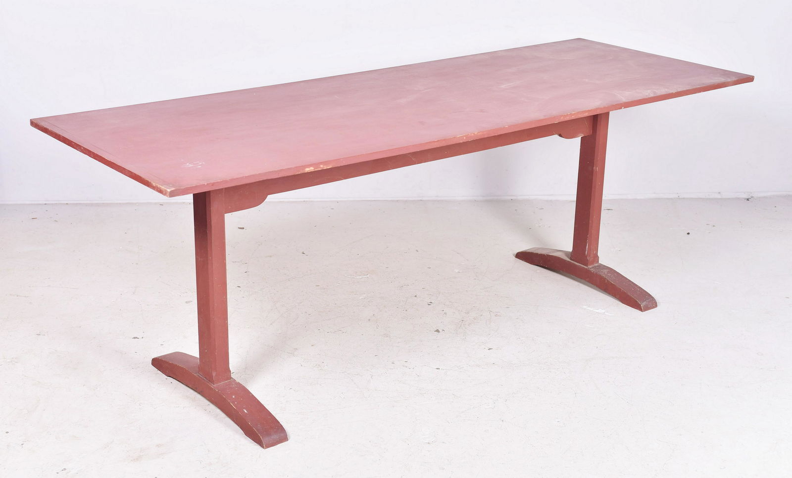 Shaker Style Trestle Base DR table: Shaker Style Trestle Base DR table, red painted finish, 20th c, 30-1/4" h x 82-1/4" w