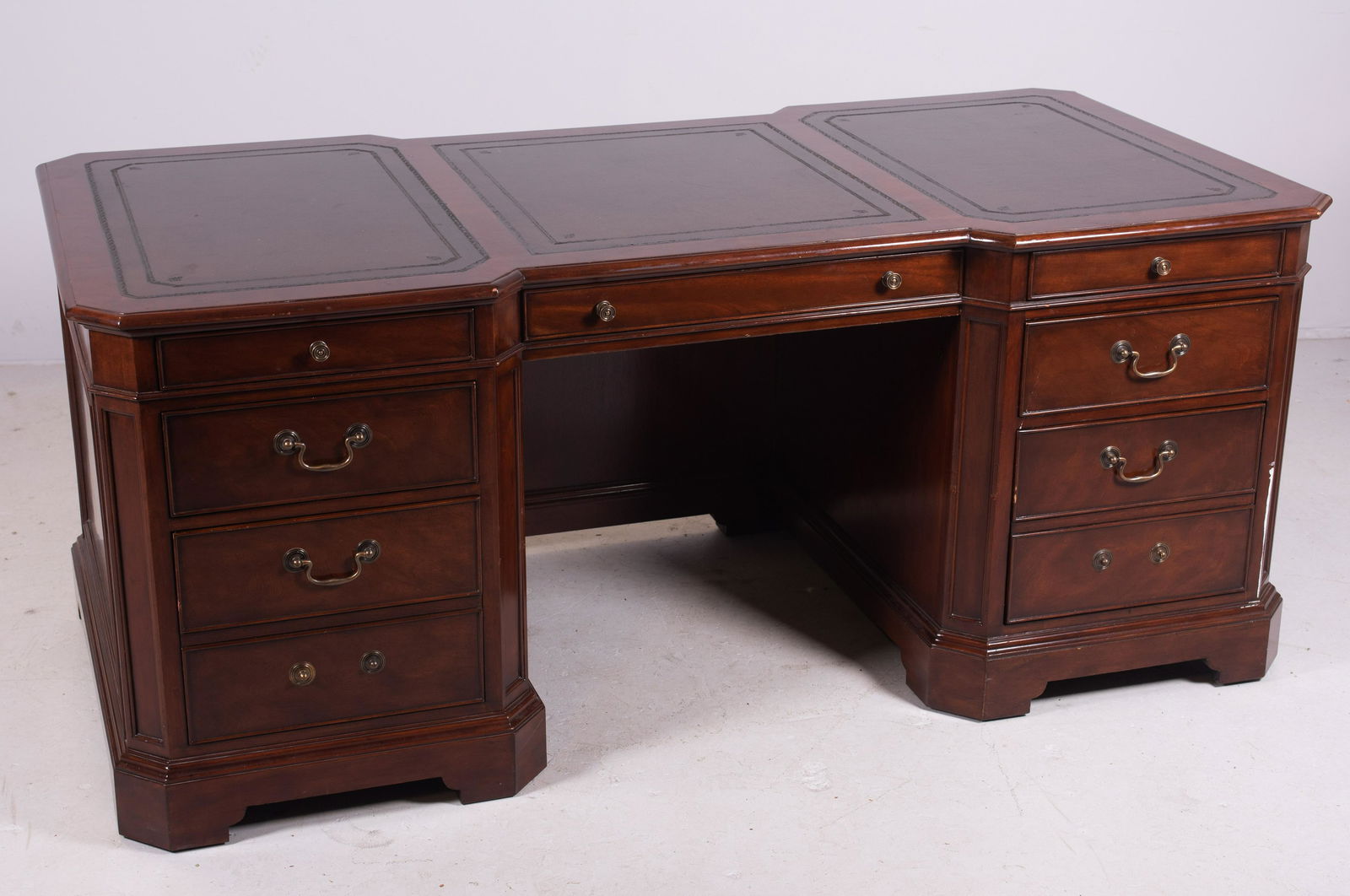 Sligh Georgian style leather top desk: Sligh Mahogany Georgian style executive leather top desk, "125th anniversary Limited Edition # 238 /1880, 72" w, 36" d, 30" h