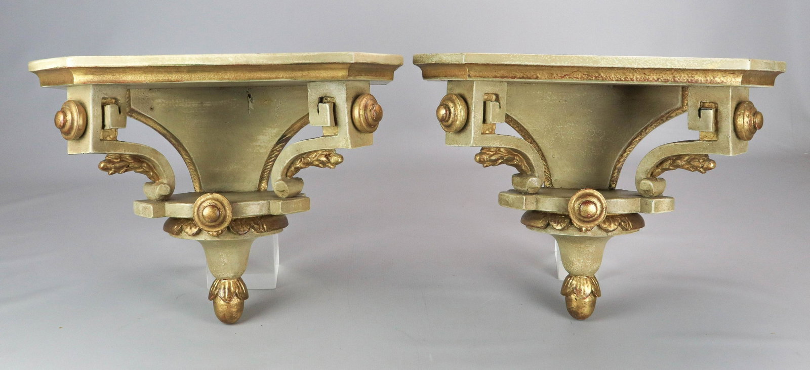 Pair beige and gilt hanging wall shelves: Pair beige and gilt hanging wall shelves, 14"h x 8-1/2"w x 10"d