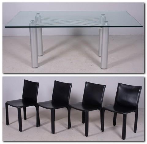 (5) pc Cassina Modern Design DRS: (5) pc Cassina Modern Design DRS, c/o 4 black leather side chairs, glass top dining table with chrome legs, table 30"h x 72"w