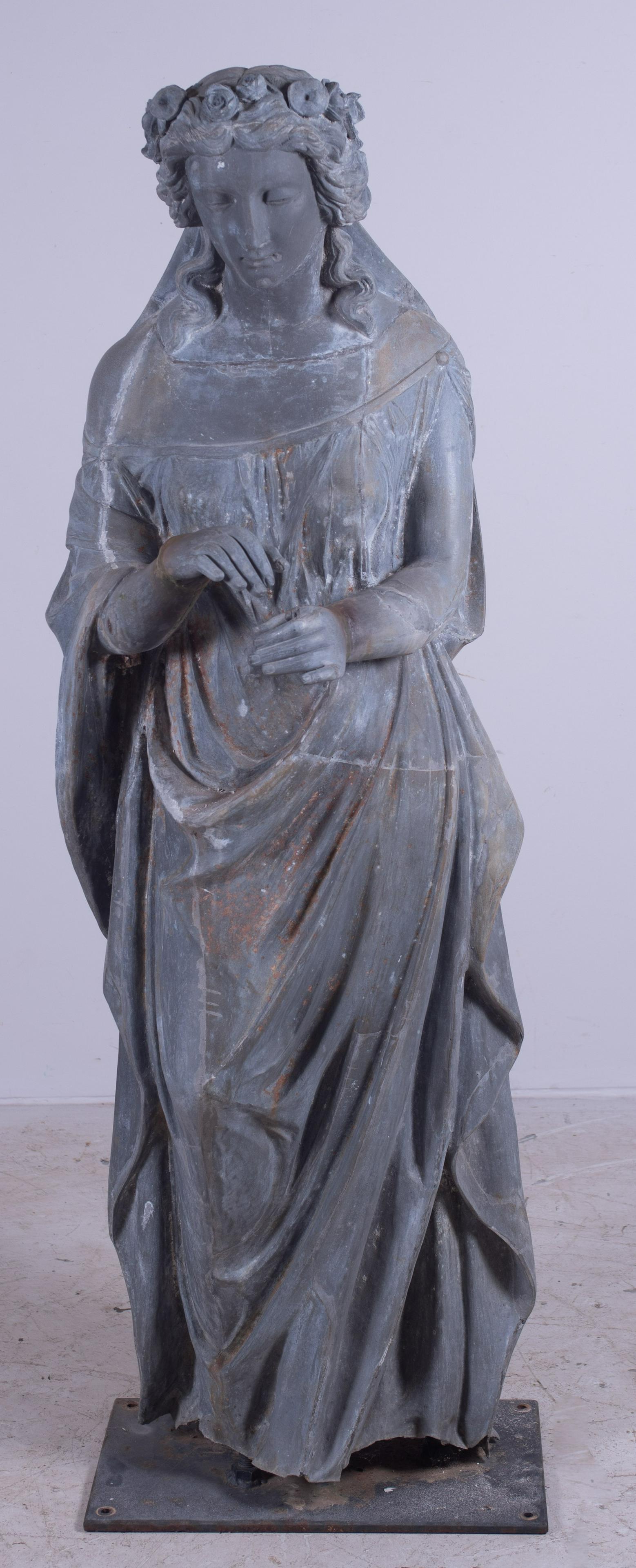 Zinc "The Lady Hope" statue: Zinc "The Lady Hope" statue, 61"h x 20"w x 12"d, repairs and cracks