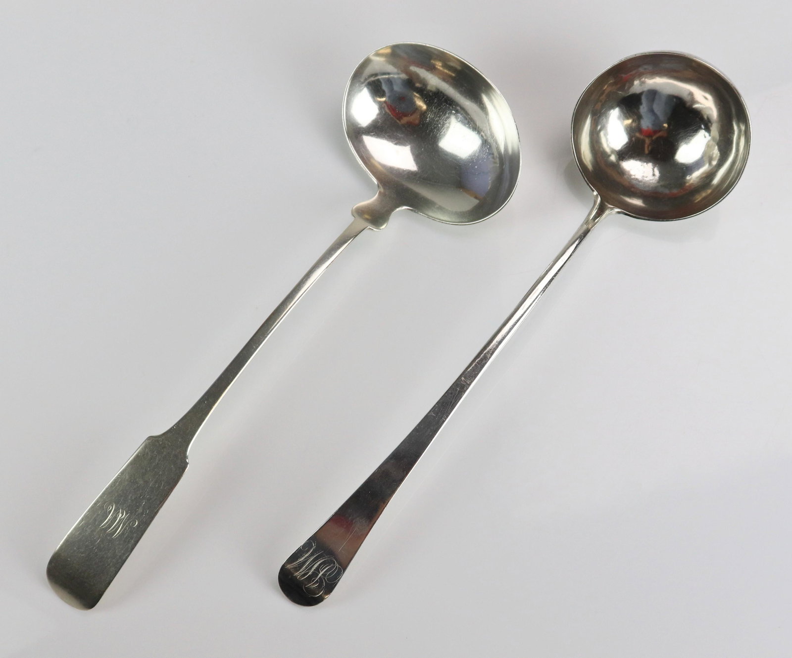 (2) American Coin Silver Punch Ladles, JR, 18th c: (2) American Coin Silver Punch Ladles, JR, 18th c, 13 1/4" l; J&I Cox, 19th c, 13 1-2" long, 10.65 TO