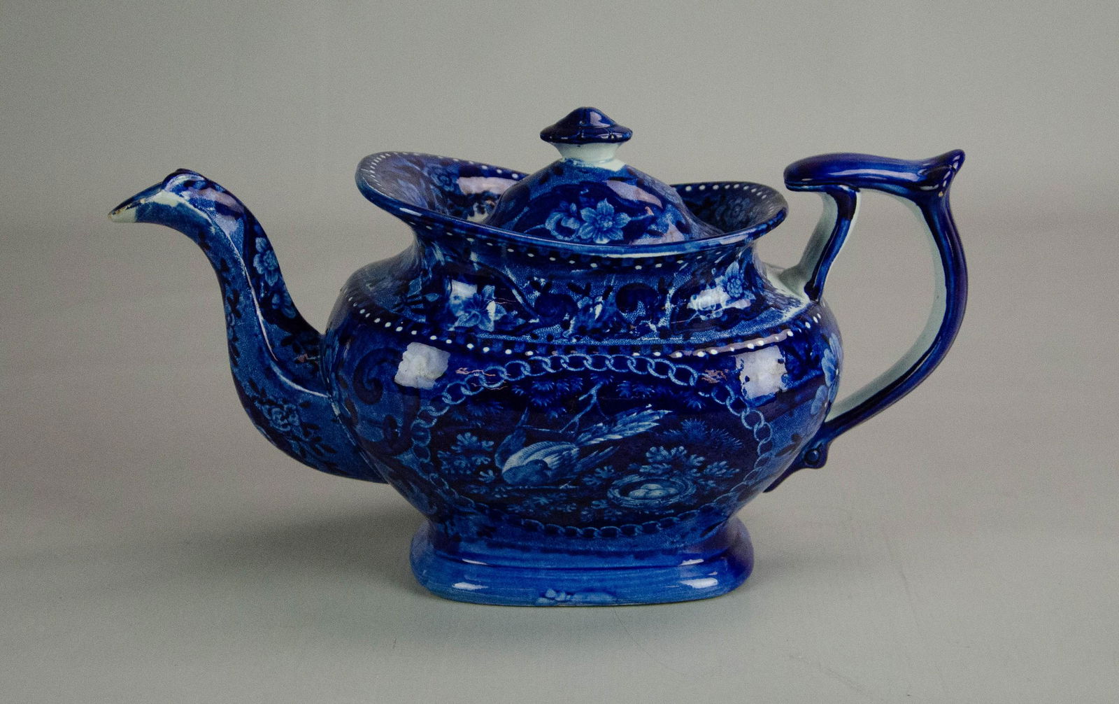Blue Transfer Staffordshire Teapot: Blue Staffordshire teapot, "Nest" by R Hall, no damage noted, 12" l x 6-1/2" h