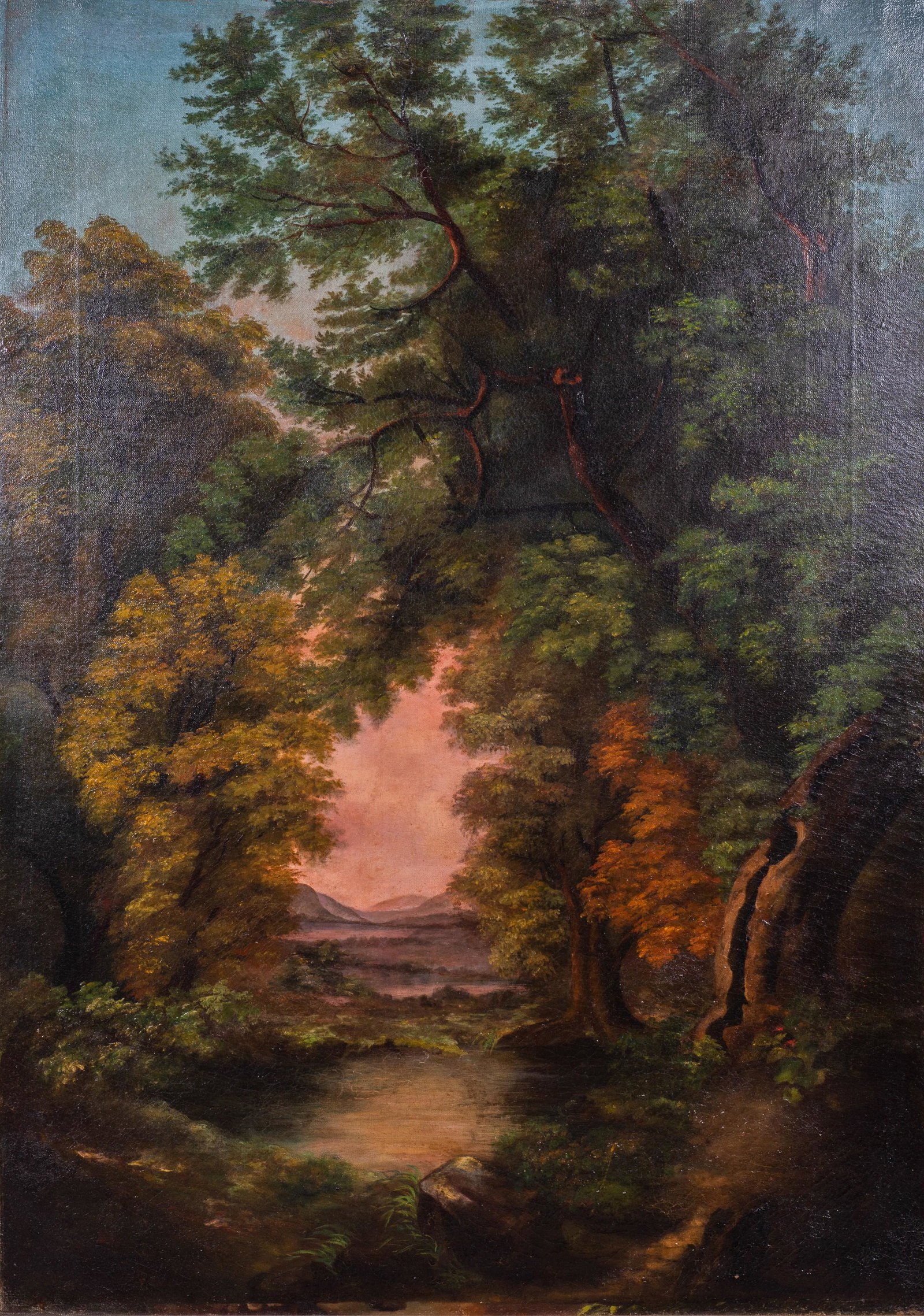 19th C Hudson River School Landscape Painting: 19th C Hudson River School landscape painting, oil on canvas, unsigned, mounted in period walnut frame, 42" x 30", framed 52-3/4" x 40-3/4", very good condition, professionally restored and relined