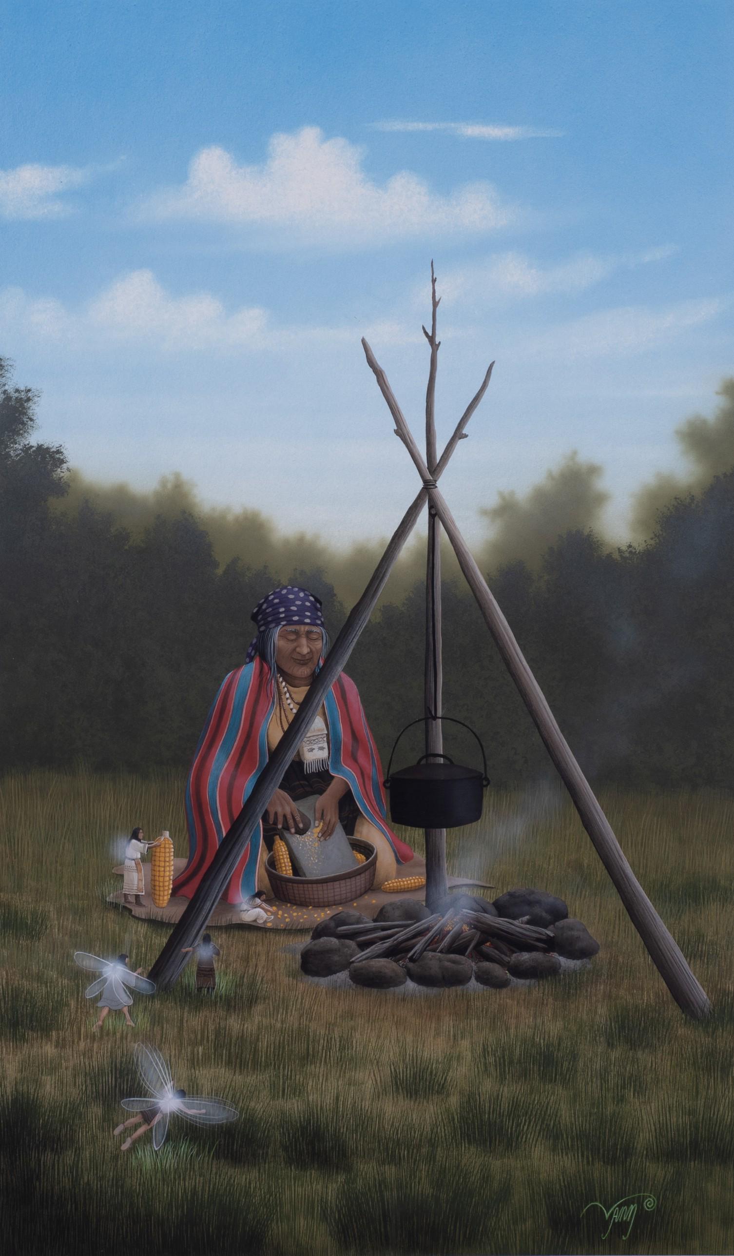 Donald Vann Painting "Corn Fairies": Donald Vann, 20th C American painting "Corn Fairies"depicting a group of figures helping a Native American woman grind corn, gouache on paper, signed "Vann", 22-3/4" x 13-1/2 sight, framed 32-3/4" x 2