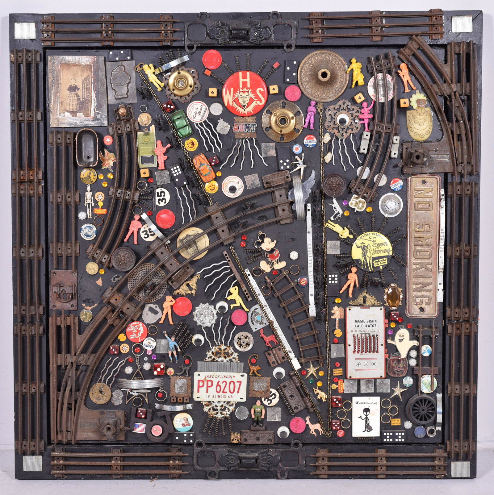 Janet Sullivan Turner "Memories III" Assemblage: Janet Sullivan Turner (American, b 1935) PA artist, "Memories III" wall assemblage, black painted wood with found objects, signed "J Sullivan Turner 2010", 36" x 36", very good condition; provenance: 