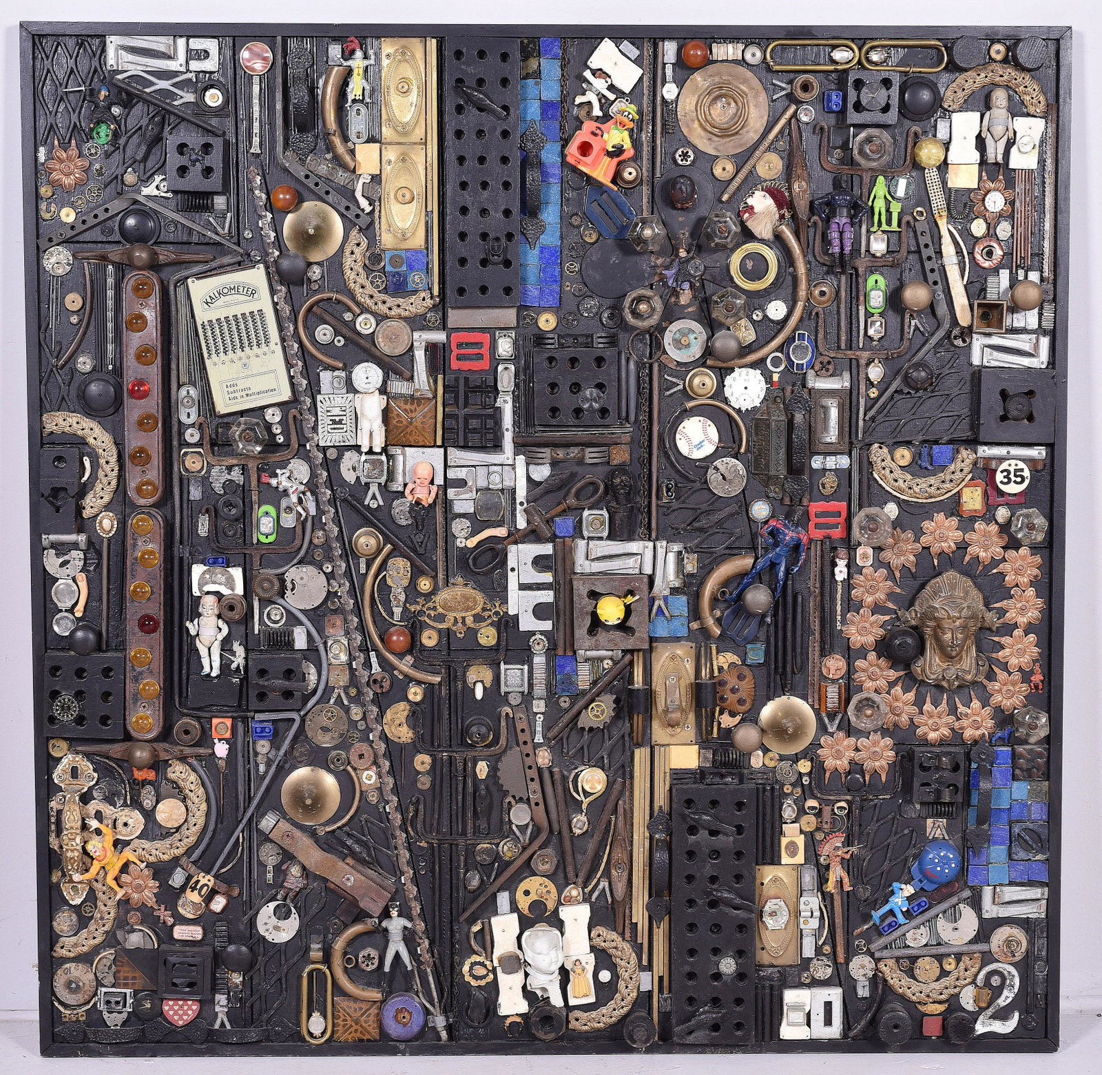 Janet Sullivan Turner "Memories III Assemblage: Janet Sullivan Turner (American, b 1935) PA artist, "Memories" wall assemblage, black painted wood with found objects, signed "J Sullivan Turner 2003", 42" x 42", very good condition; provenance: from