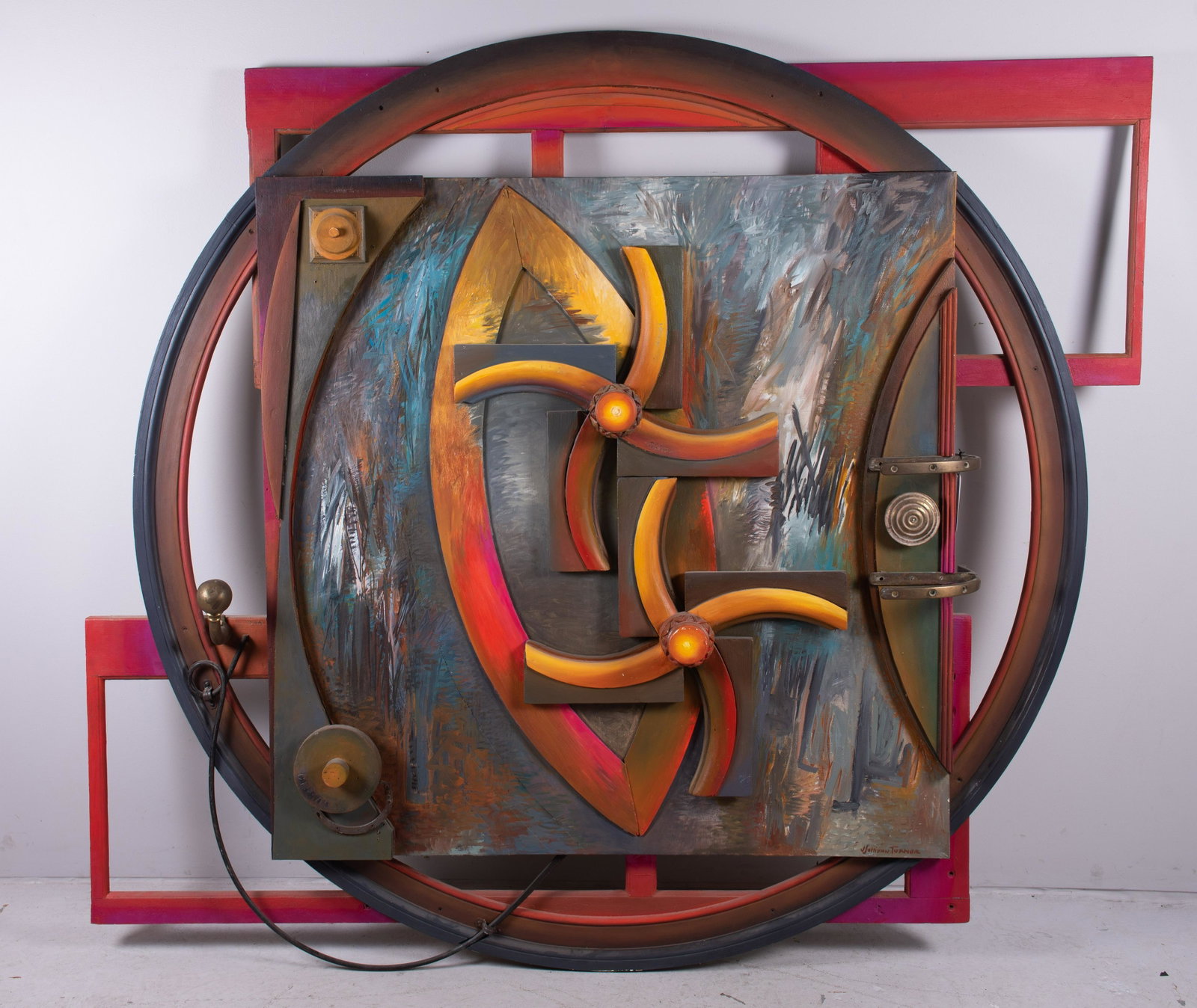 Janet Sullivan Turner Abstract Wall Sculpture: Janet Sullivan Turner (American, b 1935) PA artist, large abstract wall sculpture, painted wood with oil painting on canvas and found objects, signed "J Sullivan Turner", 67" x 75" x 9-1/2", very good