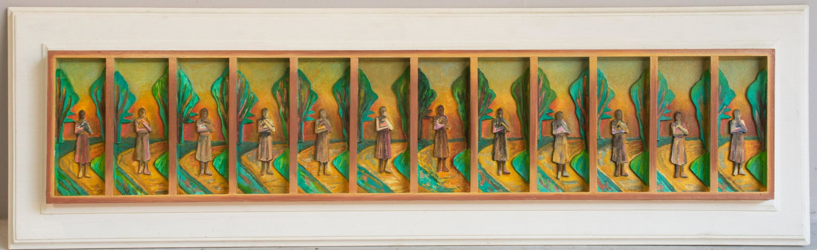 Janet Sullivan Turner Painting "Woman Times 12": Janet Sullivan Turner (American, b 1935) PA artist, painting "Woman Times 12", dimensional carved wood with acrylic, unsigned, 16-1/2" x 54-1/2" x 2-1/4", good condition; provenance: from the estate o