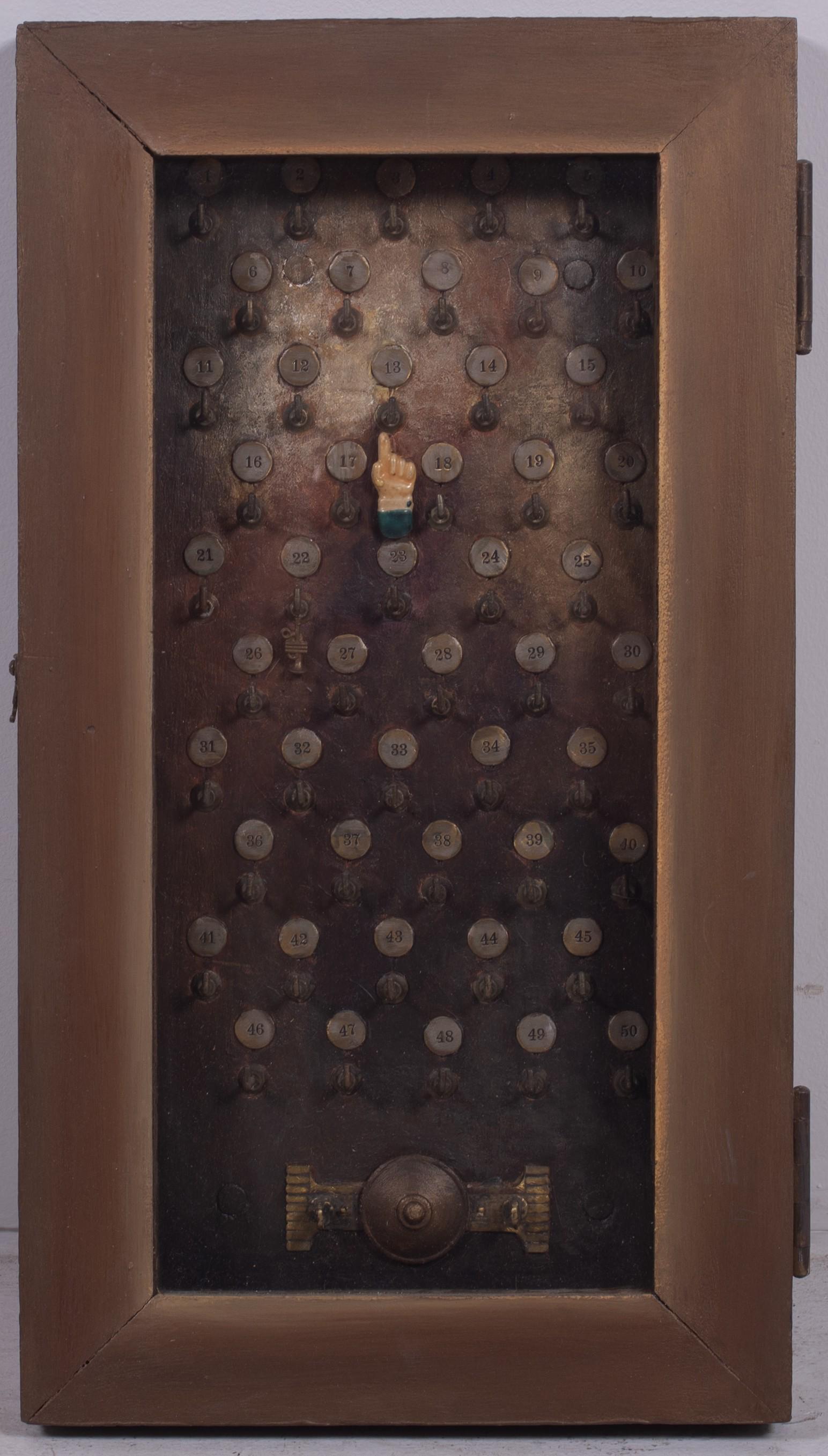 Janet Sullivan Turner Wall Sculpture "Key Board": Janet Sullivan Turner (American, b 1935) PA artist, wall sculpture "Key Board", American Icon Series #51, painted hotel key box, signed "Janet Sullivan Turner", 21-3/4" x 12" x 2-1/4", good condition;