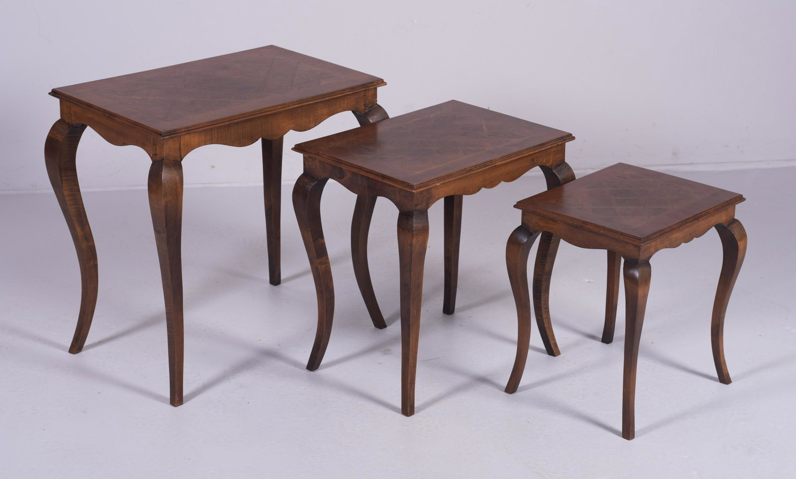 (3) French style nesting tables: (3) French style nesting tables, parquetry inlaid tops, largest 23-1/2" h x 23-1/2" w