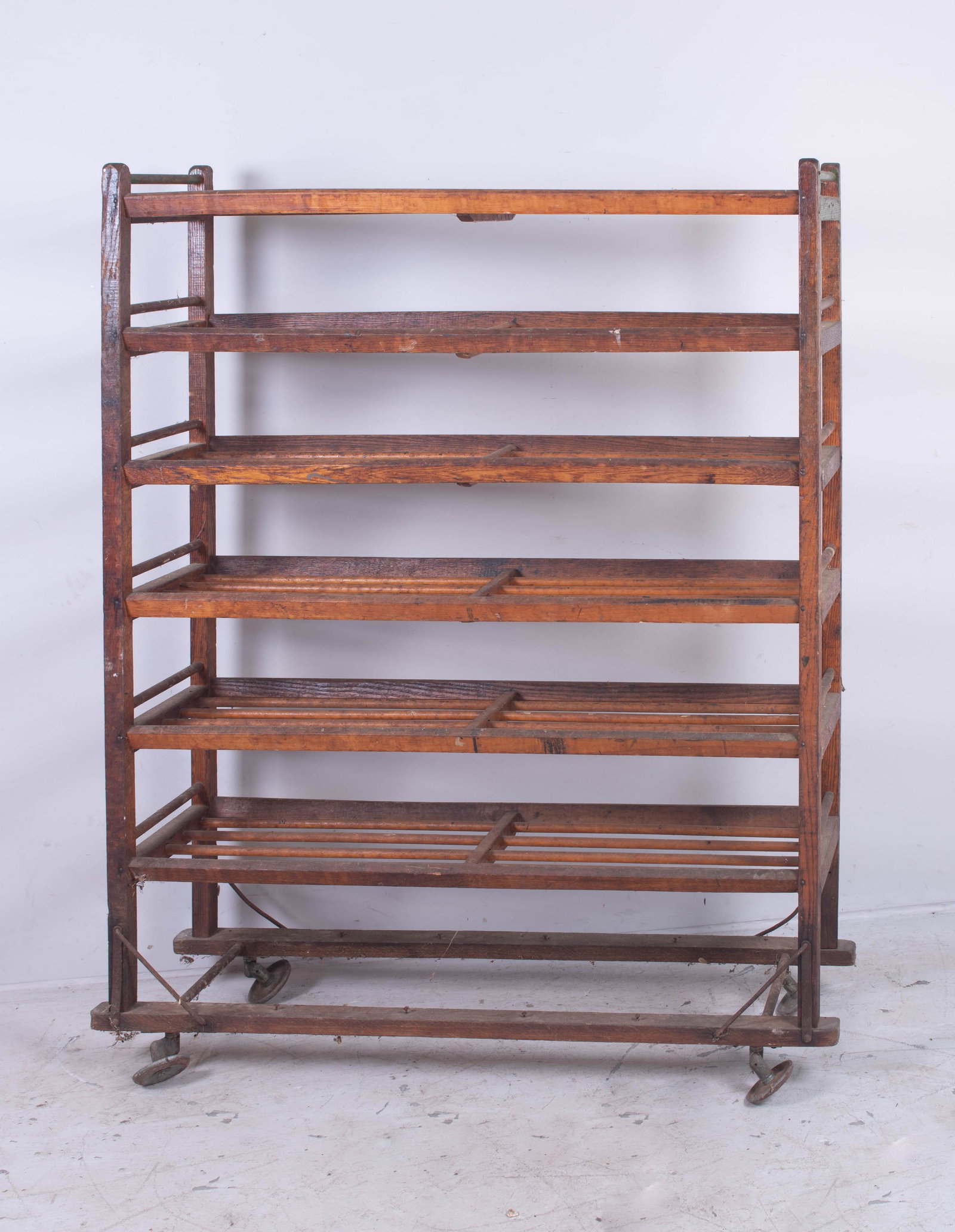 Oak 6 tier baker's rack: Oak 6 tier baker's rack, some green paint at top, 55-1/2" h x 42-1/2" w, light wear