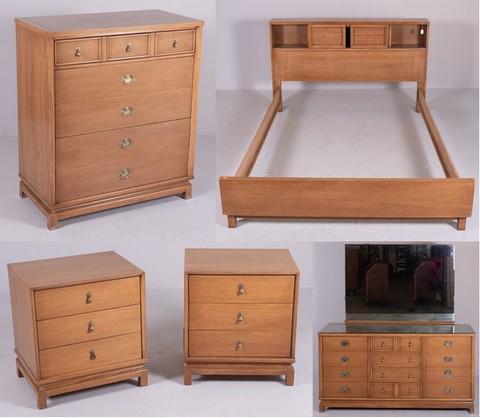 (6)pc American of Martinsville Modern Design BRS: (6)pc American of Martinsville Modern Design BRS, c/o dresser with mirror, high chest, pair nightstands, Queen size headboard, high chest 44-1/2" h x 38-1/4" w